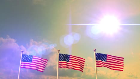 Estados-Unidos-Nosotros-3-Banderas-Americanas-Ondeando-Contra-El-Cielo-Azul-Cg-Flare-4k